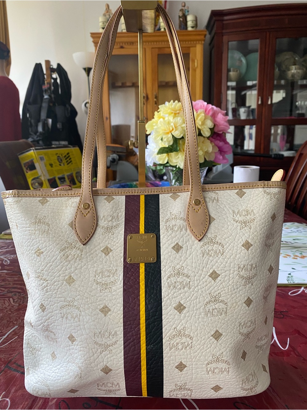 MCM Cream Monogram Tote with Burgundy, Black & Yellow Stripes